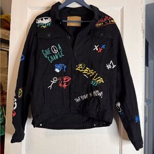 Rue21 Black Graffiti Denim Jacket Medium Y2K Streetwear